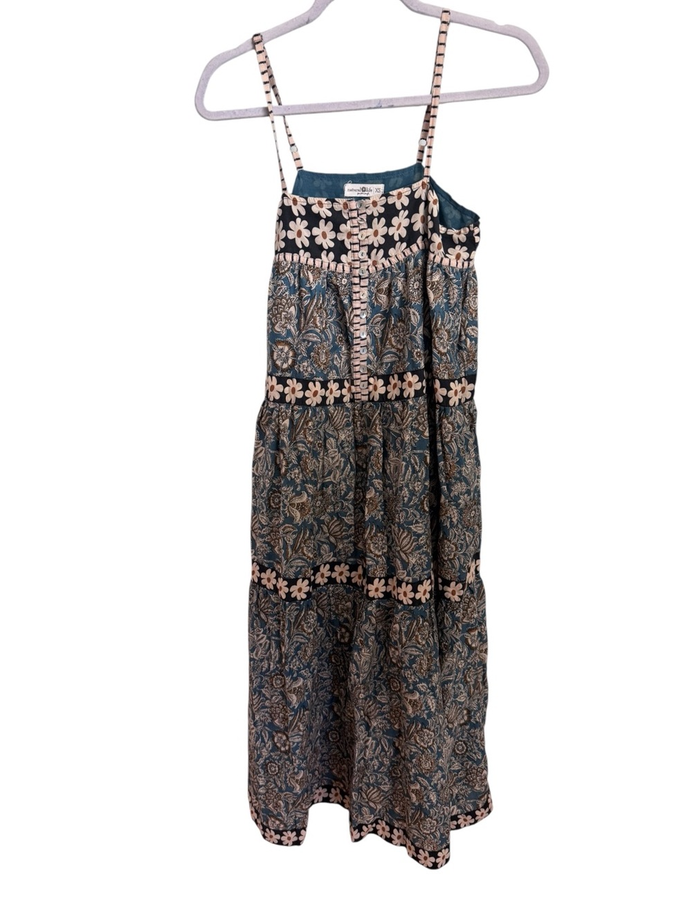 Natural Life Teal Mixed Floral Daisy Tiered Cotton Maxi Dress XS - Picture 2 of 4